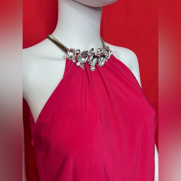 JBS Fuchsia Maxi Gown w/ Crystal Neckline & Side Slits - Size M - Picture 2 of 5